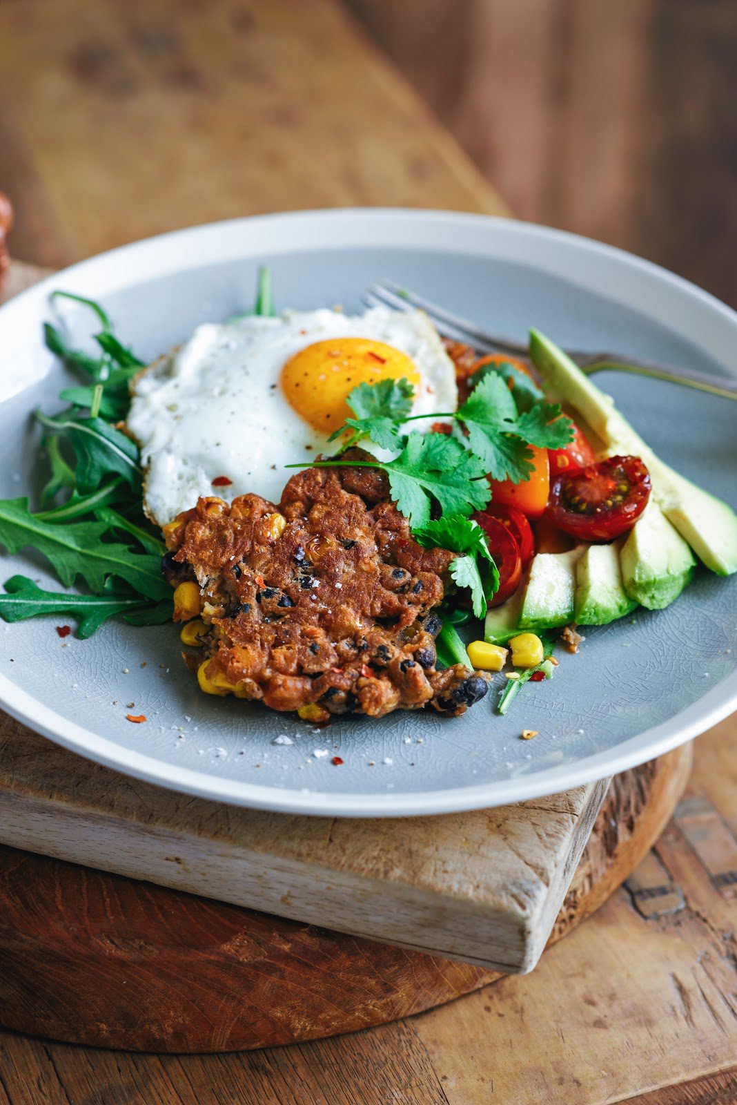 black bean, corn & chickpea fritters with lime tomato salsa, avocado ...