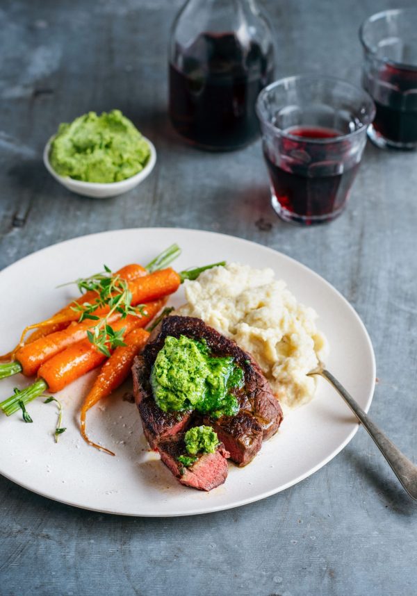 perfect steak with herb butter, cauliflower puree & frenchstyle