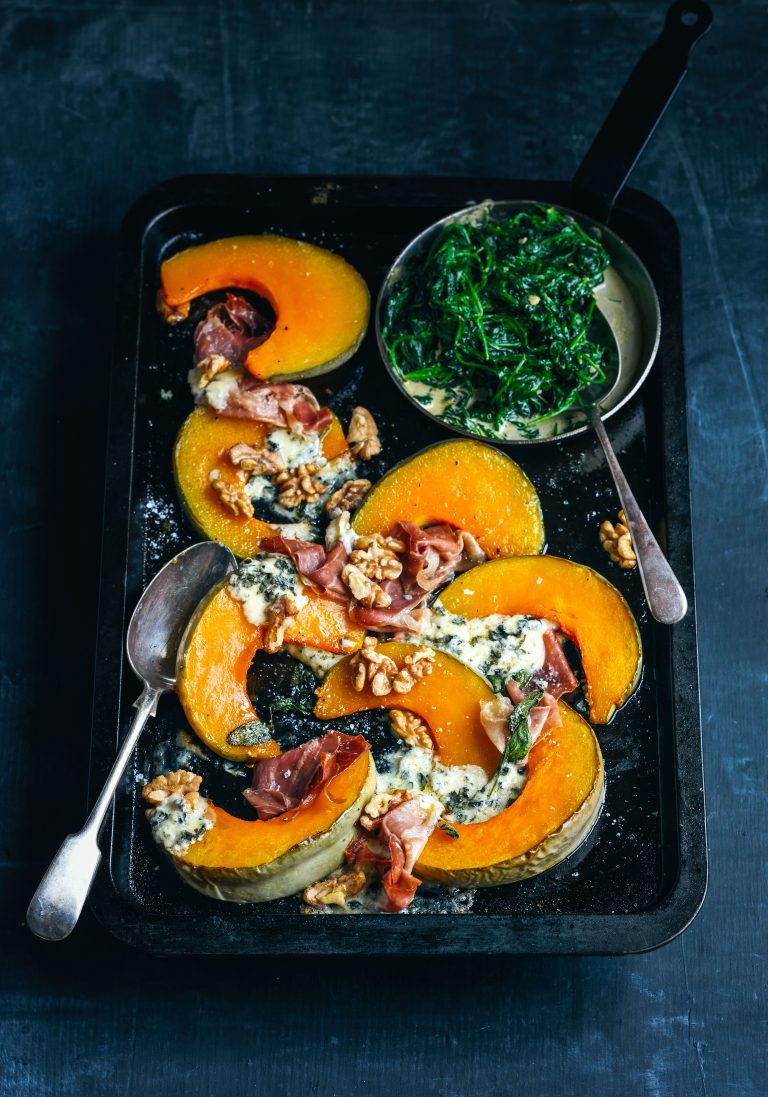 honey roast pumpkin with prosciutto, sage, blue cheese & walnuts